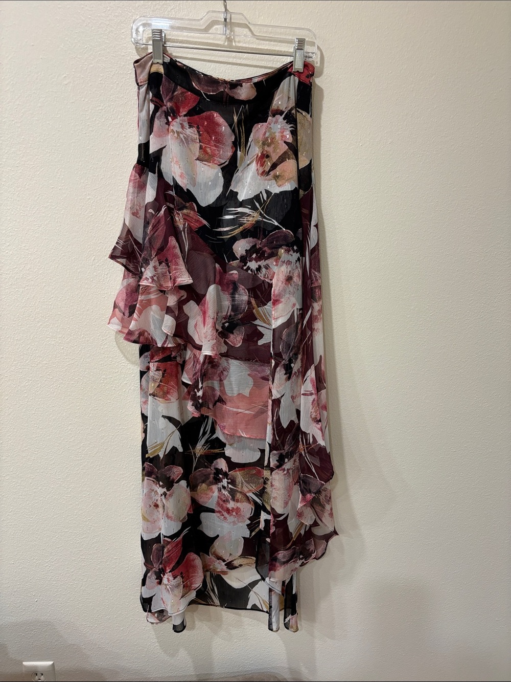 MISA Los Angeles Floral Asymmetric Ruffle Maxi Skirt - Black and Pink NWT